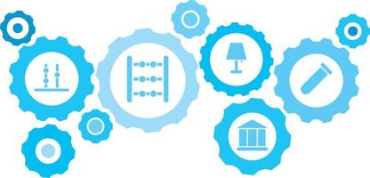 verbonden versnellingen en pictogrammen voor logistiek, onderhoud, Verzenden, verdeling, vervoer, markt, communiceren concepten, laboratorium glaswerk uitrusting blauw icoon set. levering mechanisme concept. Aan wit achtergrond vector