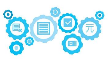 verbonden versnellingen en vector pictogrammen voor logistiek, onderhoud, Verzenden, verdeling, vervoer, markt, communiceren concepten. munteenheid, geld uitrusting blauw icoon reeks Aan wit achtergrond