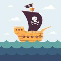 piratenschip in de open oceaan. schedel op een zwarte vlag. platte vectorillustratie.