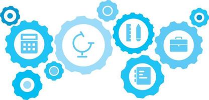 verbonden versnellingen en pictogrammen voor logistiek, onderhoud, Verzenden, verdeling, vervoer, markt, communiceren concepten, koffer uitrusting blauw icoon set. levering mechanisme concept. Aan wit achtergrond vector
