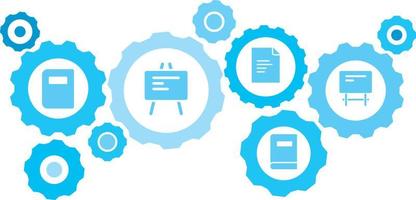 verbonden versnellingen en pictogrammen voor logistiek, onderhoud, Verzenden, verdeling, vervoer, markt, communiceren concepten, bord uitrusting blauw icoon set. levering mechanisme concept. Aan wit achtergrond vector