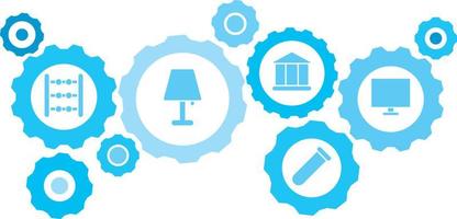 verbonden versnellingen en pictogrammen voor logistiek, onderhoud, Verzenden, verdeling, vervoer, markt, communiceren concepten, bewaken, computer uitrusting blauw icoon set. levering mechanisme concept. Aan wit achtergrond vector