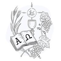 Eucharistie symbool van brood en wijn, kelk en gastheer, met tarwe oren krans en druiven. vector