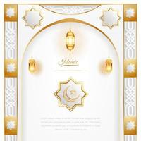 Ramadan Arabisch Islamitisch wit en gouden luxe sier- achtergrond met Islamitisch patroon en decoratief lantaarns vector