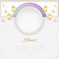 Ramadan Arabisch Islamitisch wit en gouden luxe sier- achtergrond met Islamitisch patroon en decoratief lantaarns vector