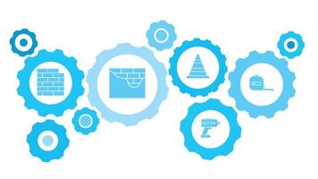 verbonden versnellingen en vector pictogrammen voor logistiek, onderhoud, Verzenden, verdeling, vervoer, markt, communiceren concepten. gebouw, meten uitrusting blauw icoon reeks Aan wit achtergrond