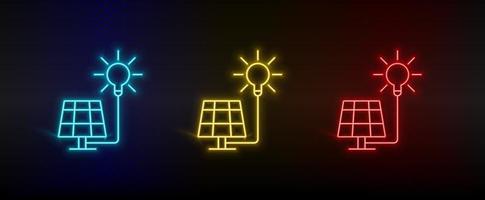neon icoon reeks zonne, oplader, zon. reeks van rood, blauw, geel neon vector icoon Aan transparantie donker achtergrond