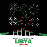 Libië onafhankelijkheid dag vector sjabloon met nationaal vlaggen en vuurwerk binnen zwart achtergrond.