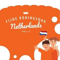 Nederland koning dag vector illustratie met een jongen en zijn mam golvend de nationaal vlag.