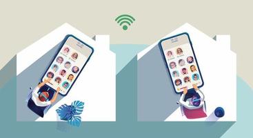 mensen gebruiken een koptelefoon om naar hun smartphone te luisteren, het scherm toont de status van mensen die sociale netwerktoepassingen gebruiken, online leren of vergaderen vector