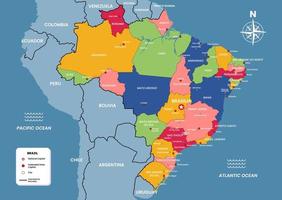 Brazilië kaart met staat hoofdstad en stad namen vector