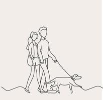 wandelen met hond lijn kunst, paar vrienden schets tekening, gemakkelijk schetsen, vector illustratie