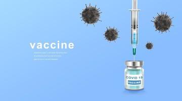 coronavaccin. immunisatiebehandeling. vaccinfles en spuitinjectietool voor covid19. vector illustratie.