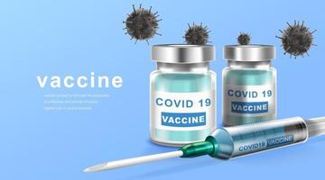 coronavaccin. immunisatiebehandeling. vaccinfles en spuitinjectietool voor covid19. vector illustratie.