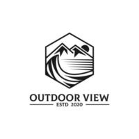 buitenshuis visie logo berg en zee vector met gemakkelijk lijn ontwerp