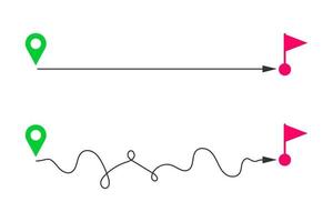 Rechtdoor en gebogen manieren van begin kaart pinnen naar af hebben vlaggen. snel en langzaam levering, gemakkelijk en moeilijk plan, kort en lang pad, ideaal en moeilijk leven, doel bereiken niveaus vector