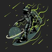 ruimte surfer astronaut vectorillustratie. gravure coole kerel op ruimte surfplank surfen tussen sterren planeten melkwegstelsels. goed voor t-shirtafdrukken, posters en ander gebruik vector