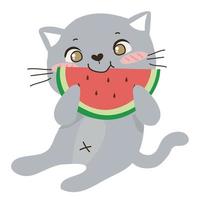 schattig en kawaii grijs kat aan het eten watermeloen Aan wit achtergrond voor kinderen mode kunstwerken, kinderen boeken, verjaardag uitnodigingen, groet kaarten, posters vector