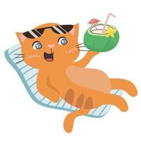schattig en kawaii oranje kat genieten van de zomer Aan de strand terwijl drinken kokosnoot water Aan wit achtergrond voor kinderen mode kunstwerken, kinderen boeken, verjaardag uitnodigingen, groet kaarten, posters vector