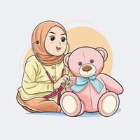schattig hijab kind meisje spelen dokter met speelgoed- teddy beer vector illustratie vrij downloaden