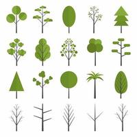 set van bos bomen pictogram. dennen, sparren, eik, berk, stam, esp, els, populier, kastanje, palmboom. groene zomer bos boom concept. platte bos boom natuur plant geïsoleerd eco gebladerte. vector