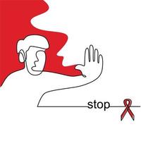 stop helpt continu een lijntekening. een jonge man die met handgebaar om stop hiv-aids en rood lint te tonen geïsoleerd op een witte achtergrond. wereld Aids Dag. concept van aids-bewustzijn vector