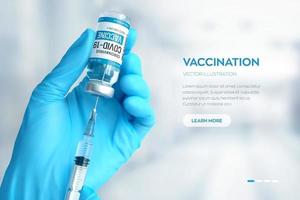 covid-19 coronavirus-vaccin. vaccinatie concept. de arts dient blauwe handschoenen in houdt de fles en de spuit van het medicijnvaccin. ontwikkeling en creatie van een coronavirusvaccin. vector