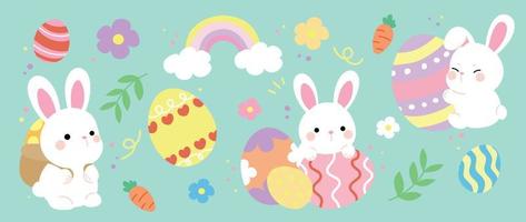 gelukkig Pasen grappig element vector set. schattig hand- getrokken pluizig konijn, Pasen ei, voorjaar bloemen, blad tak, regenboog. verzameling van tekening konijn en aanbiddelijk ontwerp voor decoratief, kaart, kinderen.