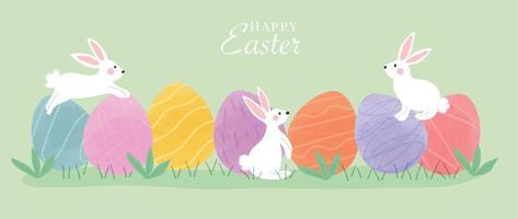 gelukkig Pasen waterverf element achtergrond vector. hand- geschilderd schattig wit konijnen met Pasen eieren en gras veld- tuin. verzameling van aanbiddelijk tekening ontwerp voor decoratief, kaart, kinderen, spandoek. vector