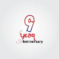 9 jaar verjaardag viering logo. verjaardagslogo met rode en blauwe kleur geïsoleerd op een grijze achtergrond, vector design voor feest, uitnodigingskaart en wenskaart