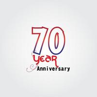 70 jaar verjaardag viering logo. verjaardagslogo met rode en blauwe kleur geïsoleerd op een grijze achtergrond, vector design voor feest, uitnodigingskaart en wenskaart