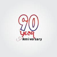 90 jaar verjaardag viering logo. verjaardagslogo met rode en blauwe kleur geïsoleerd op een grijze achtergrond, vector design voor feest, uitnodigingskaart en wenskaart
