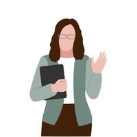 leraar of bedrijf vrouw met bril, tablet of laptop in hand- geïsoleerd Aan wit. golvend hand- in groet vector