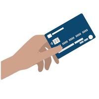 vlak ontwerp blauw credit kaart in menselijk hand- geïsoleerd Aan wit achtergrond. contact minder betaling, online bestellingen, persoonlijk financiën vector