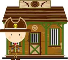 schattig tekenfilm wild west cowboy sheriff Bij de gevangenis vector