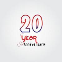 20 jaar verjaardag viering logo. verjaardagslogo met rode en blauwe kleur geïsoleerd op een grijze achtergrond, vector design voor feest, uitnodigingskaart en wenskaart