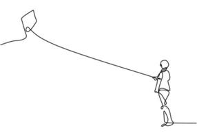 een enkele lijntekening van een jonge man die een vlieger speelt. gelukkige jonge energieke man spelen om vliegeren omhoog in de lucht op buiten veld te vliegen. vrijheid en passie creatief thema. minimalistisch ontwerp vector