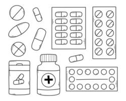 een reeks van tabletten, vitamines en capsules. geneeskunde pictogrammen verzameling. vector illustratie . tekening stijl. lineair geneesmiddelen.