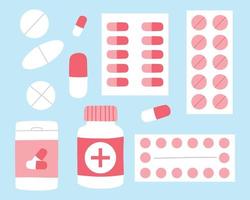 een reeks van tabletten, vitamines en capsules. verzameling van geneesmiddelen. vector illustratie . vlak hand- getrokken stijl. medisch voorbereidende werkzaamheden.