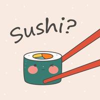 eetstokjes met kawaii sushi stuk rollen. schattig sushi met glimlachen gezicht en roze wangen. Japans traditioneel keuken borden. voorraad vector illustratie.