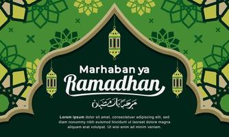vlak tekenfilm Islamitisch banier ontwerp groet marhaban ja Ramadhan vector