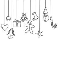 doorlopende lijn hangende kerstboom, geschenkdoos, ster, liefde, kerstmuts en sok. vrolijk kerstfeest en een gelukkig nieuwjaarsthema dat op witte achtergrond wordt geïsoleerd. handgetekende lijntekeningen minimalisme ontwerp vector