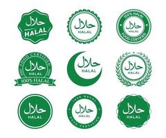halal voedsel producten etiketten. vector halal teken certificaat label. groen kleuren halal voedsel logo reeks