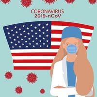 coronavirus banner met arts met vector ontwerp van de vlag van de VS.