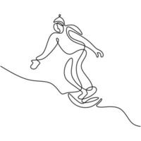 continu een lijntekening van professionele jonge snowboarder man rijden snel snowboard op besneeuwde berg. extreme sport winter concept. minimalisme ontwerp. vector schets illustratie