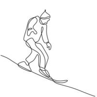 een ononderbroken lijntekening van jonge sportieve man snowboarder snowboard rijden in besneeuwde poeder berg geïsoleerd op een witte achtergrond. winter levensstijl sport concept. vector illustratie