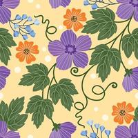 Purper en oranje bloemen met groen blad Aan geel achtergrond. vector