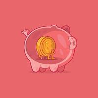 eenzaam munt karakter binnen een varkentje bank vector illustratie. financiën, grappig, inflatie ontwerp concept.