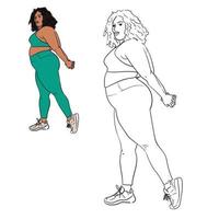 de schets van een vol vrouw figuur in een trainingspak is betrokken. schets van een silhouet van een groot vrouw in ondergoed. bodypositive vrouw lichaam. vector illustratie. kleur en contour illustratie