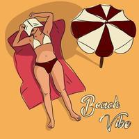 strand atmosfeer, een vrouw aan het liegen in de zon. vector ontwerp van een zomer poster in een gemakkelijk stijl. contour illustratie met kleur beeltenis een vrolijk meisje in een bikini met een paraplu aan het liegen Aan de zand